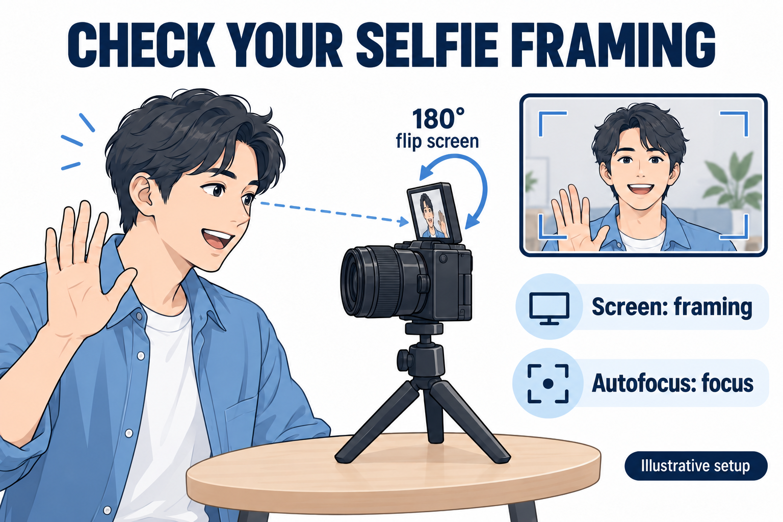 Selfie setup illustration: a 180° flip screen lets the person in front of the lens check framing. Autofocus handles focus, a separate task.