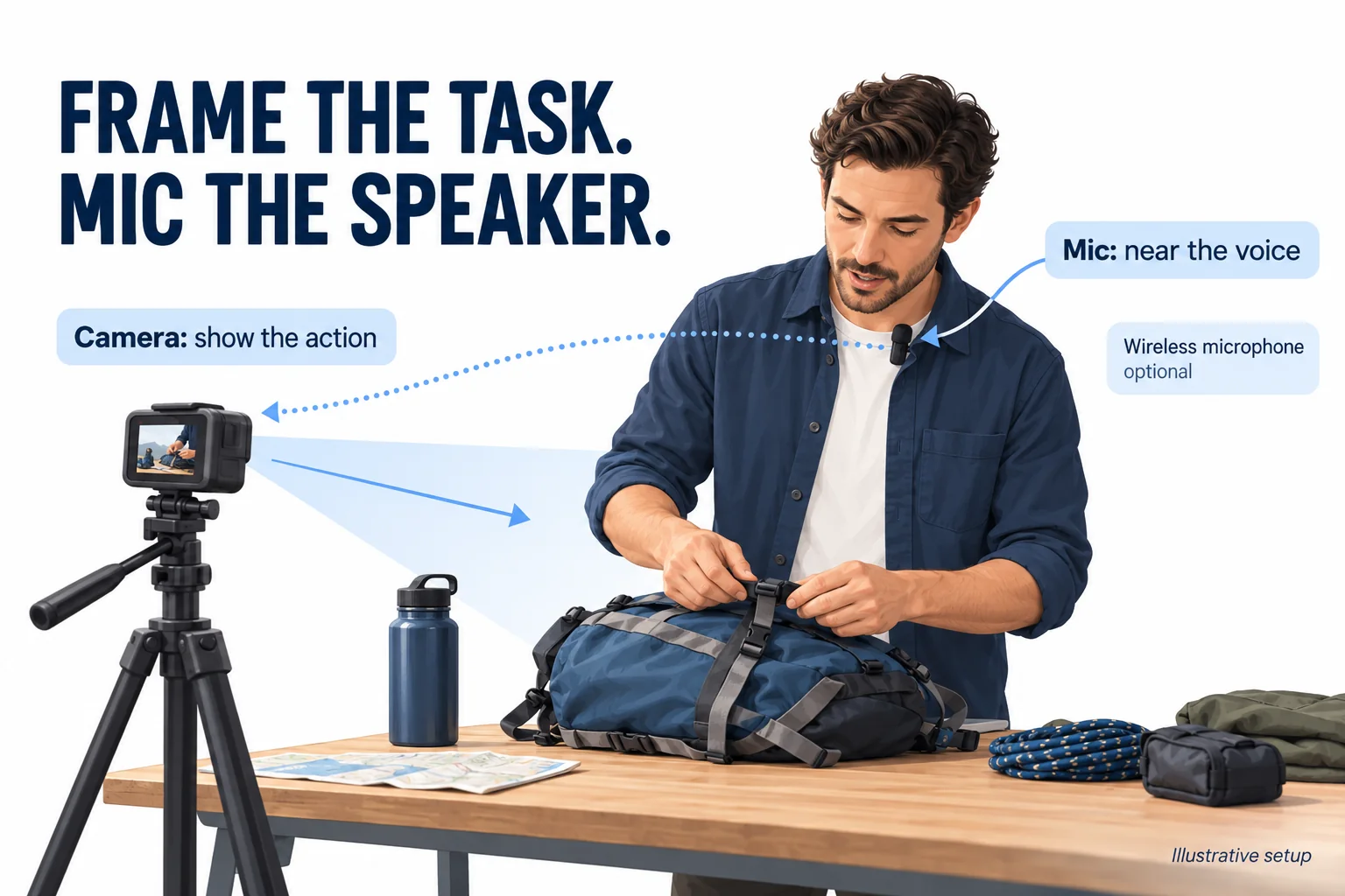 Recording setup illustration: position the camera to show the task and place the microphone near the speaker’s voice. The wireless microphone is optional.